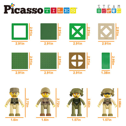PicassoTiles Magnet Tile Building Brick Blocks Military Combat Force Theme Magnetic Tiles Construction Block Playset 4 Character Action Figures with Weapons Interlocking Bricks STEM Toy Ages 3+ PTL18