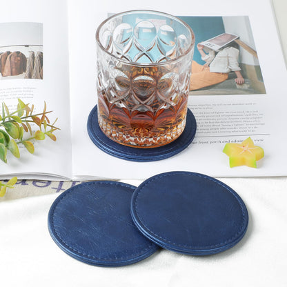 Leather Coasters Set of 6 with Holder, Tabletop Protection, Coffee Table & Bar Decoration, Modern-Style Drink Coasters Suitable for Home Dining Tables & Kitchen Accessories (Blue)