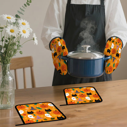 Halloween Pumpkins Oven Mitts and Pot Holders Set,Ghosts Black Cats Kitchen Decor Heat Resistant Non Slip Hot Pads and Oven Mitt for Chef Cooking Baking BBQ Mom Girl Gifts(4 Piece Set)