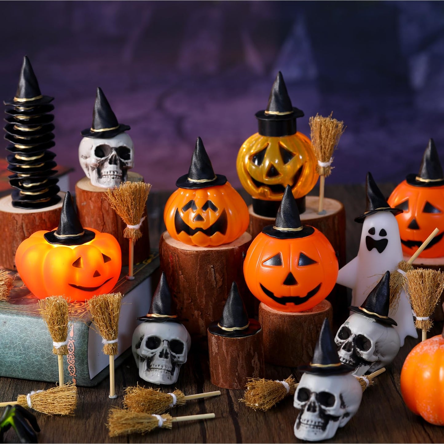 WinnerWhy 48 Pcs Mini Witch Hats and Broom for Crafts Halloween Wizard Accessories for Party Favors Decor (Black,1.5 Inches)