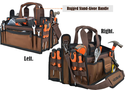 WELKINLAND 20-Pockets Tool Tote Bag, 16" Electrician Tool Bag, Open-Top Tool Bag, Stay-Up HVAC Tools Bag, Brown Tech Tools Bags, HVAC Bag, Tool Tote Bag With Handle