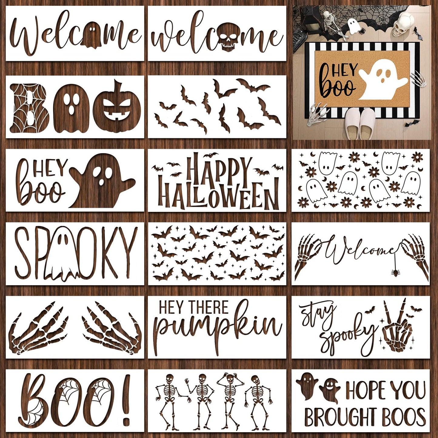 Dunzy 16 Pcs Halloween Stencils for Door Mats Crafts Reusable Hey Boo Ghost Welcome Templates Large Spooky Stencil for Painting Wood Sign Wall Halloween Doormat DIY Project