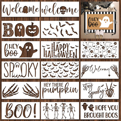 Dunzy 16 Pcs Halloween Stencils for Door Mats Crafts Reusable Hey Boo Ghost Welcome Templates Large Spooky Stencil for Painting Wood Sign Wall Halloween Doormat DIY Project