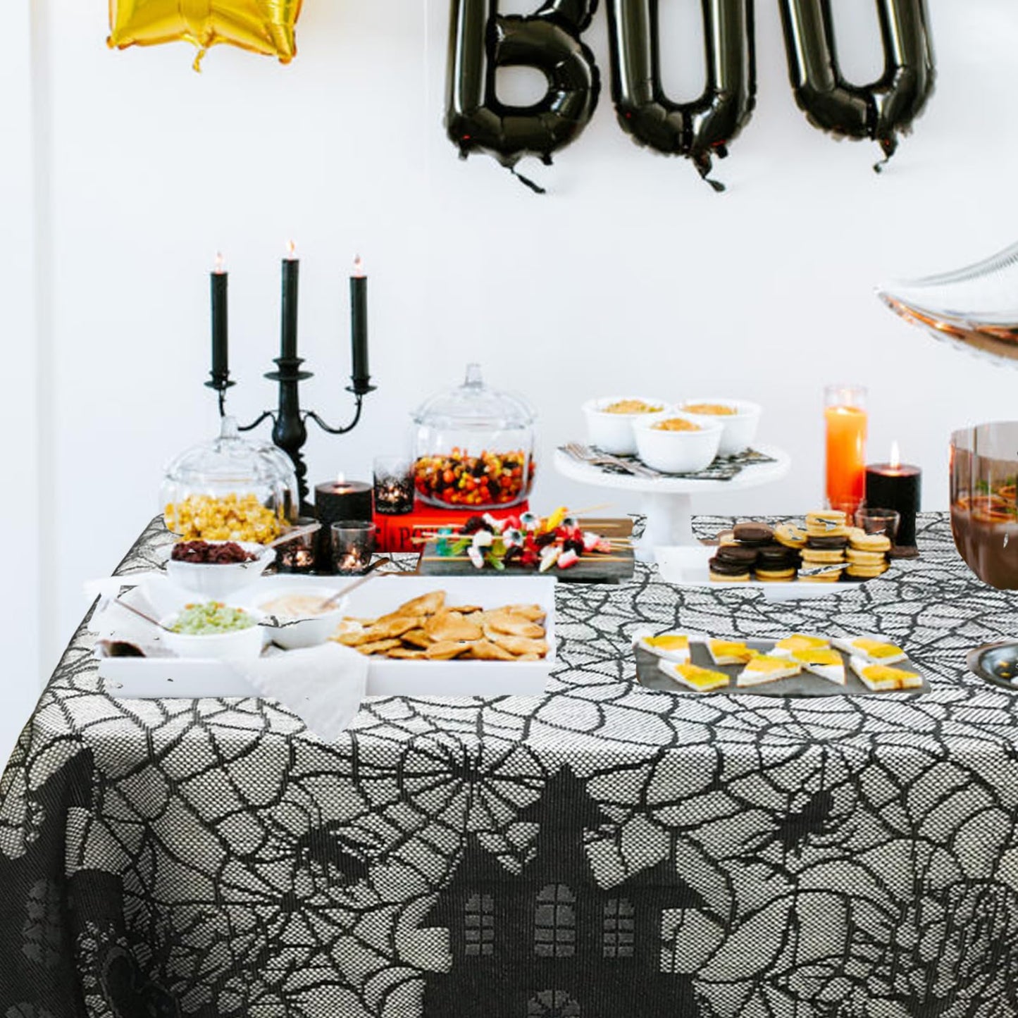 Joysail Halloween Tablecloth - Gothic Black Lace Spider Web Table Cover for Halloween Masquerade, Dinner Party, Scary Movie Nights Table Decorations - 53x68 Inches