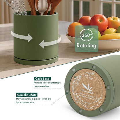 D'vine Dev 360° Rotating Utensil Holder – 5" Kitchen Utensil Crock for Countertop, Modern Cooking Tool Organizer for Kitchen Storage & Décor, Olive, 72-X-C-1
