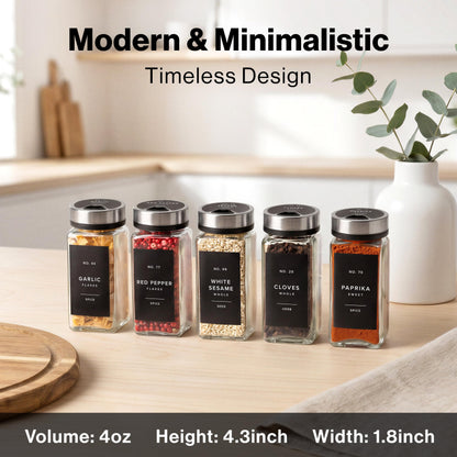 EDELHAUS Glass Spice Jars with Label and Silver Rotating Lids (24 x 4oz) Spice Containers with 240 Labels, Shaker Inserts, Steel Funnel, Empty Square Containers