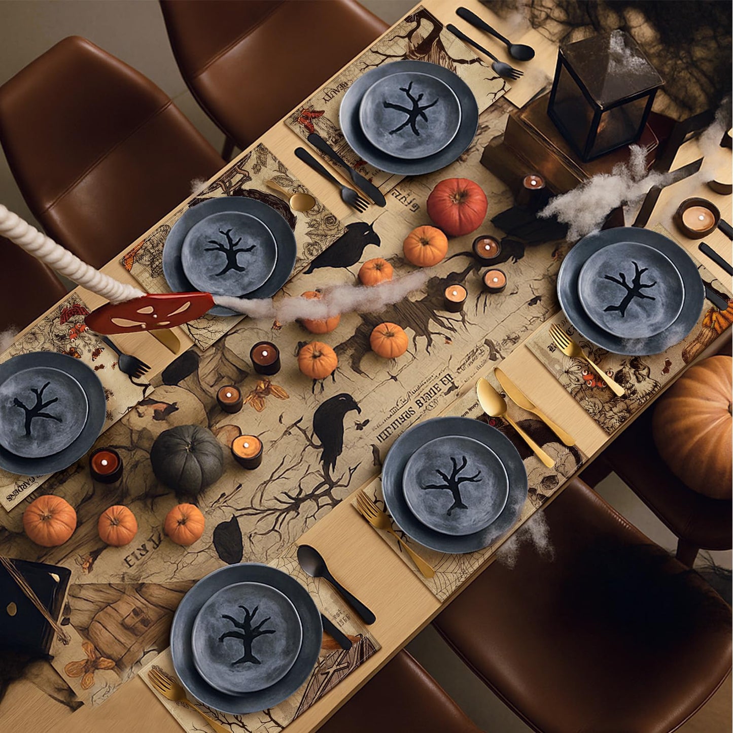 Breling 7 Pcs Halloween Placemats with Runner 12"x18" Terror Forest Gothic Bat Placemats Washable Rectangle Skull Table Mats for Halloween Kitchen Dining Table Home Accessories(Gothic)