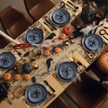 Breling 7 Pcs Halloween Placemats with Runner 12"x18" Terror Forest Gothic Bat Placemats Washable Rectangle Skull Table Mats for Halloween Kitchen Dining Table Home Accessories(Gothic)