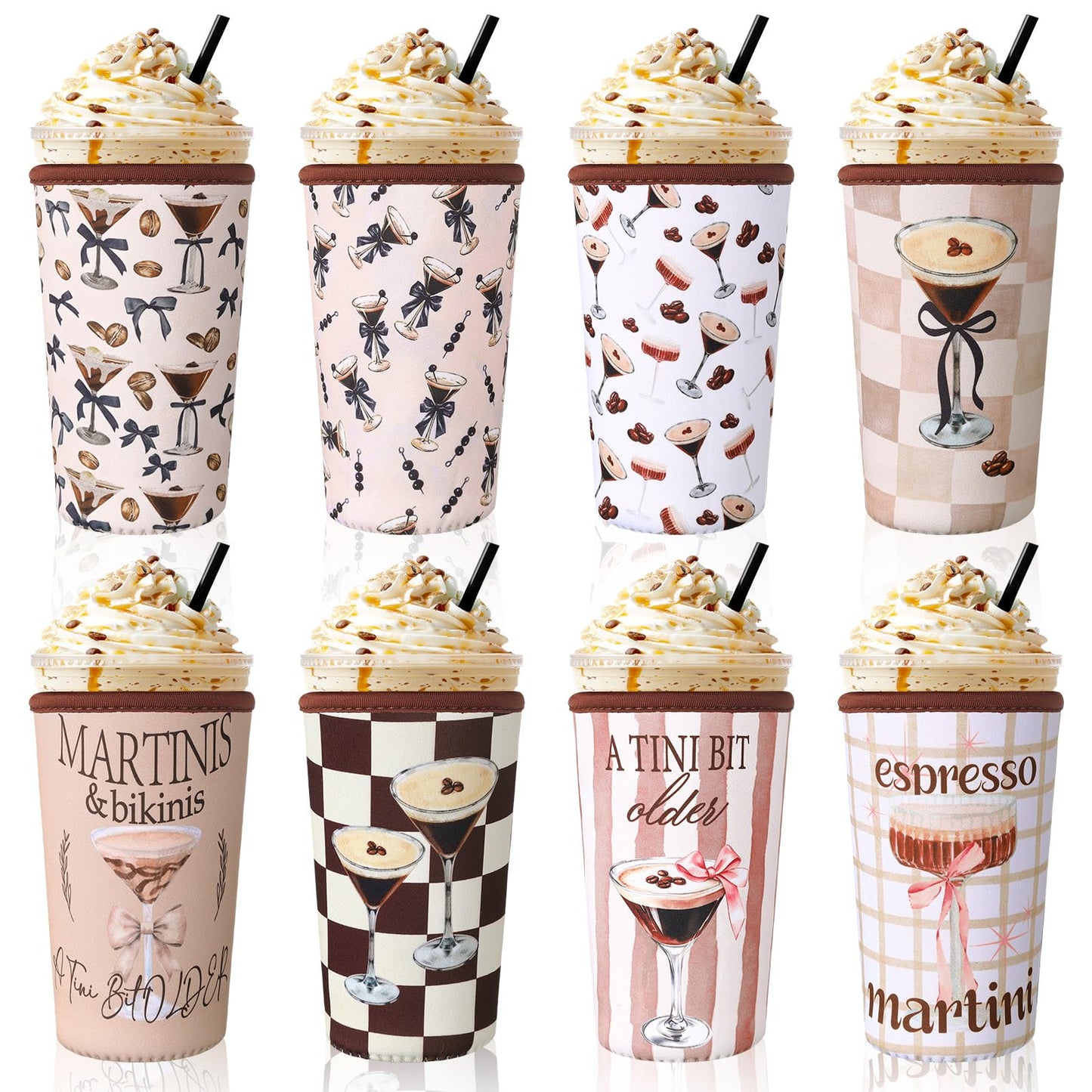 SiliFine 8 Pcs Reusable Sleeves for Iced Coffee Cup Pink Bow Cup Coolie Espresso Martini Reusable Coffee Insulator Sleeves Neoprene Insulated Holder for Iced & Hot Drinks, 22-24 oz
