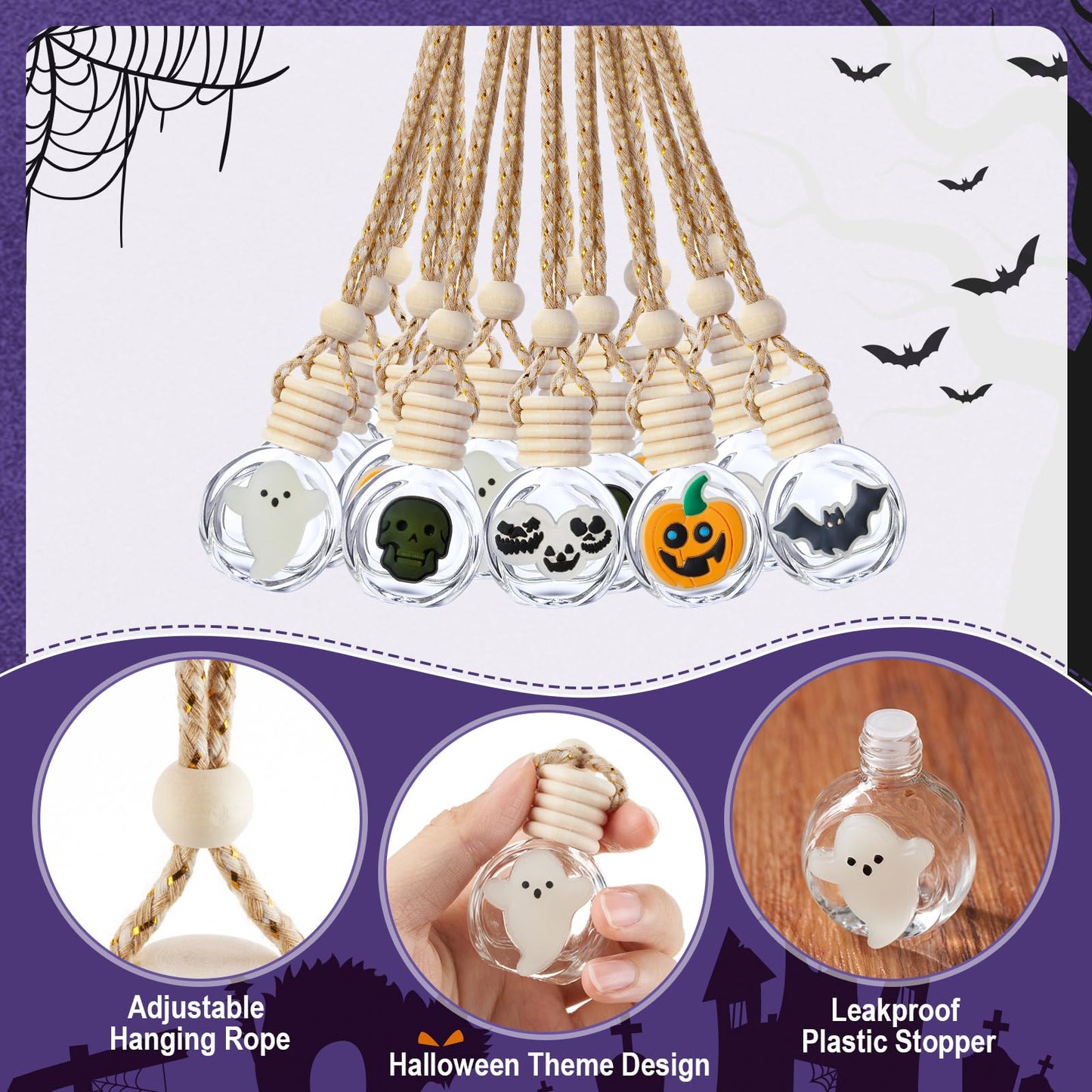 Sunnychicc 10 Pcs 10ml Ghost Car Hanging Air Freshener Diffuser Perfume Bottles with Glow in The Dark Skull Ghost Bat Pumpkin Spice Refillable Empty Glass Essential Oil Pendant for Car (Halloween)