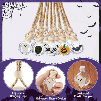 Sunnychicc 10 Pcs 10ml Ghost Car Hanging Air Freshener Diffuser Perfume Bottles with Glow in The Dark Skull Ghost Bat Pumpkin Spice Refillable Empty Glass Essential Oil Pendant for Car (Halloween)