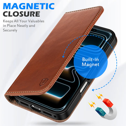 SHIELDON Genuine Leather Wallet Case for iPhone 17 Pro Max 6.9-inch 2025 | Flip | Magnetic Cover | RFID Blocking Credit Card Holder | Kickstand | Shock-Absorbent Case | Retro Brown