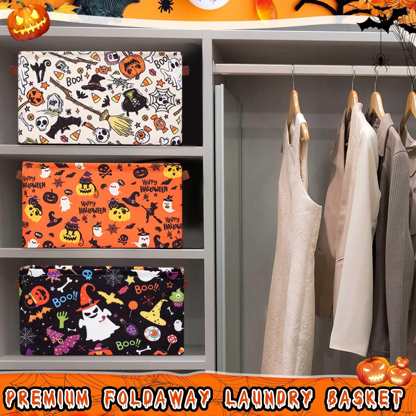 Boao 3 Pack Halloween Ghost Basket with Handles Collapsible Large Canvas Storage Baskets Boo Spooky Skull Pumpkin Cat Foldable Storage Bins Organizer Bins for Trick or Treat Gifts Bedroom Home Office