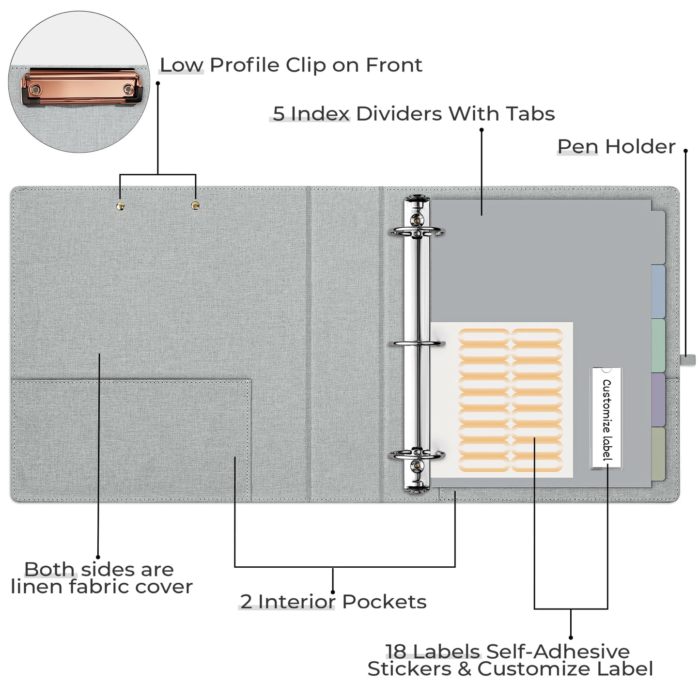 EYROZILL 3 Ring Binder 2 Inch, Binder for Letter Size (11" x 8.5") with 5 Tab Dividers, File Folder Labels and Low Profile Clipboards, Light Grey