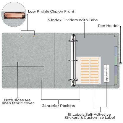 EYROZILL 3 Ring Binder 2 Inch, Binder for Letter Size (11" x 8.5") with 5 Tab Dividers, File Folder Labels and Low Profile Clipboards, Light Grey