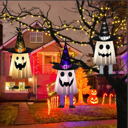 Halloween Decorations Outdoor - 3PCS Halloween Hanging Light up Ghosts, Orange & Purple & White Spooky Glowing Ghost Witch Hat for Garden Yard Tree Haunted Houses Indoor Outside