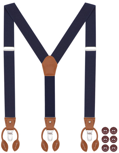 JAIFEI Button Suspenders for Men, 2-in-1 Clip-On & Button-On Dress Suspenders with Genuine Leather Ends, Y-Back, 1.4" Wide (Navy)
