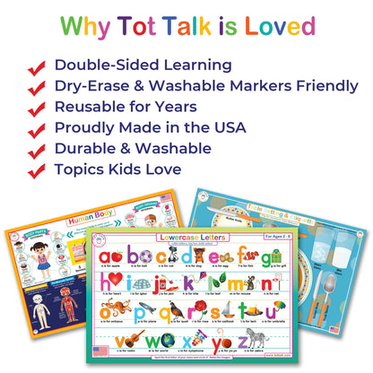 Tot Talk Early Learning Educational Placemat 4-Pack for Kids – Made in USA – Uppercase ABCs Alphabet, Lowercase ABCs, Numbers and Shapes – Durable, Double-Sided, Waterproof, Wipeable Learning Mats