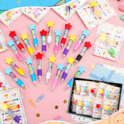 Resurhang 36 Set Back to School Gifts for Student Star 4-in-1 Ballpoint Pen with Motivational Card Clear Gift Bag Star Ballpoint Bulk for First Day of School Party Favor Teacher Rewards Event