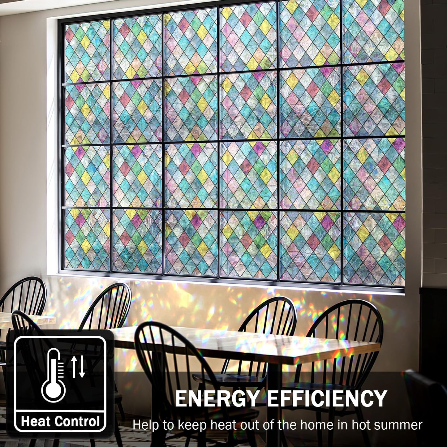 FEOMOS Stained Glass Window Film, Window Privacy Films, Colorful Lattice Window Tint, Rainbow Glass Decals Stickers for Home Anti UV 17.3x118 inches