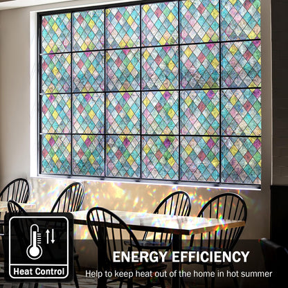 FEOMOS Stained Glass Window Film, Window Privacy Films, Colorful Lattice Window Tint, Rainbow Glass Decals Stickers for Home Anti UV 17.3x118 inches