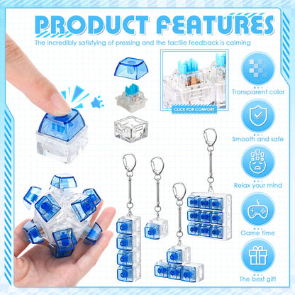 Halloscume 5 Pcs Keyboard Adult Fidget Clicker in 5 Styles Keyboard Fidget Keychain Cube Mechanical Key Button Clicker Stress Relief Gift for Office Home Pass Time(Transparent Blue)