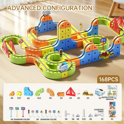 160PCS Magnetic Cube Track Train Set for Toddlers – 3D Vertical STEM Building Block Rail – Electric Magnetic Train Set Toy for Boys & Girls Ages 3-8