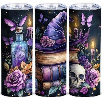 Halloween Witchy Magic 20oz Skinny Tumbler, Gothic Floral Stainless Steel Insulated Travel Mug with Lid, Purple Witch Hat Skull and Book Design, Spooky Gift for Mom Wife Sister Friends