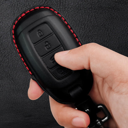 Tukellen Genuine Leather Key Fob Cover Smart Key Holder Sleeve Fit for 2020-2022 Hyundai Palisade Elantra GT Accent Kona Santa Fe Veloster (Black(Red line), 4 Button)