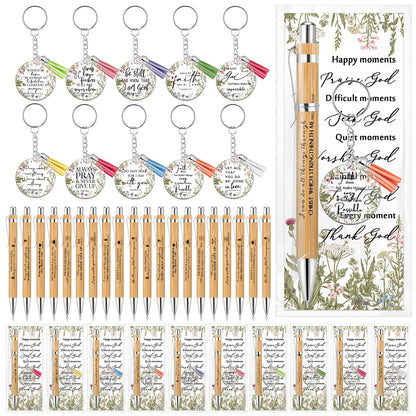 Spakon 10 Sets Fathers Day Christian Gifts Bulk Bible Verse Bamboo Pen Christian Floral Keychain Inspirational Bookmark Religious Church Gift for Church Members Women Sunday School Teacher (Bible)