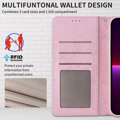 UEEBAI Wallet Case for Samsung Galaxy A15 4G/5G, PU Leather Phone Case Kickstand RFID Blocking Flip Case Card Slots Wrist Strap Relief Engraved Pattern Magnetic Closure Folio Case - Blue Butterfly