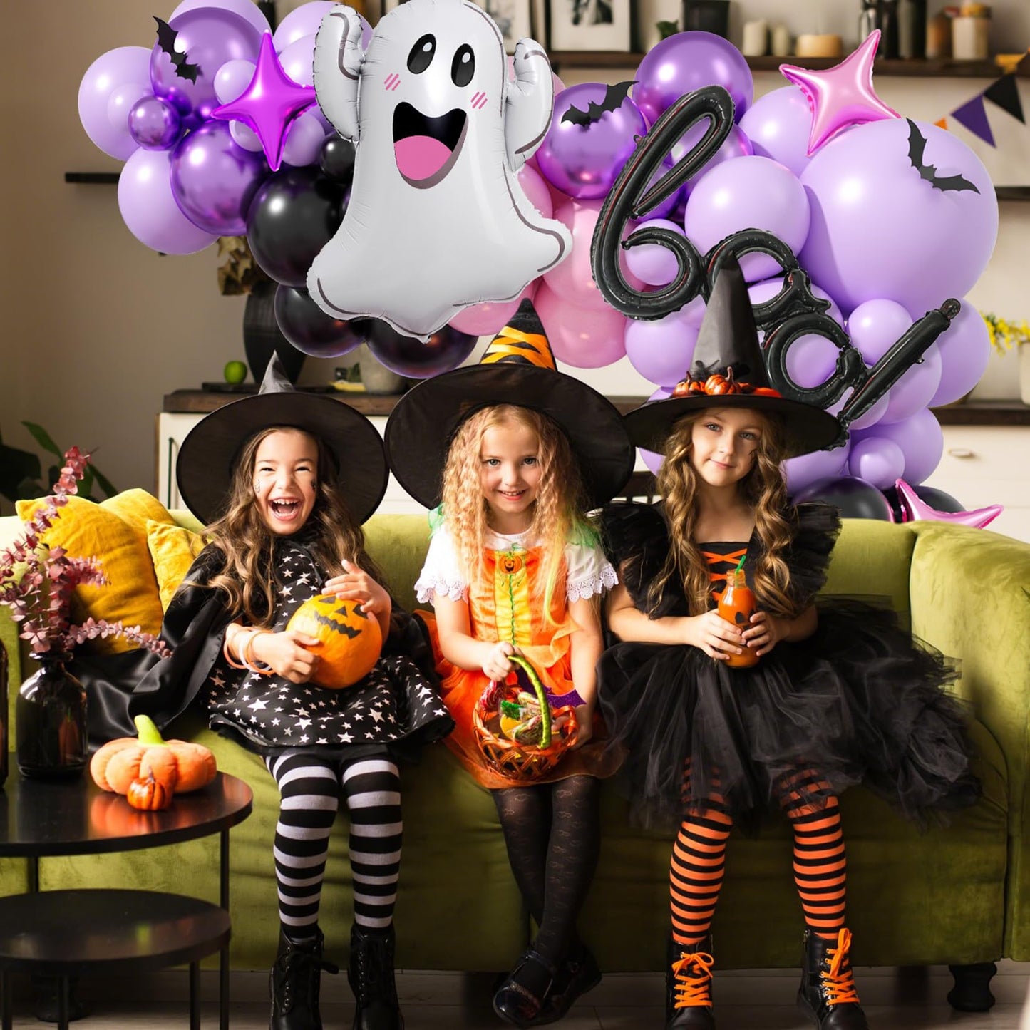 Halloween Balloon Arch Garland, Pink Purple Balloons with Star Cute Ghost Boo Foil Balloon, Metallic Purple Pink Black Latex Balloons Bat Stickers for Kids Girls Birthday Halloween Party Decorations