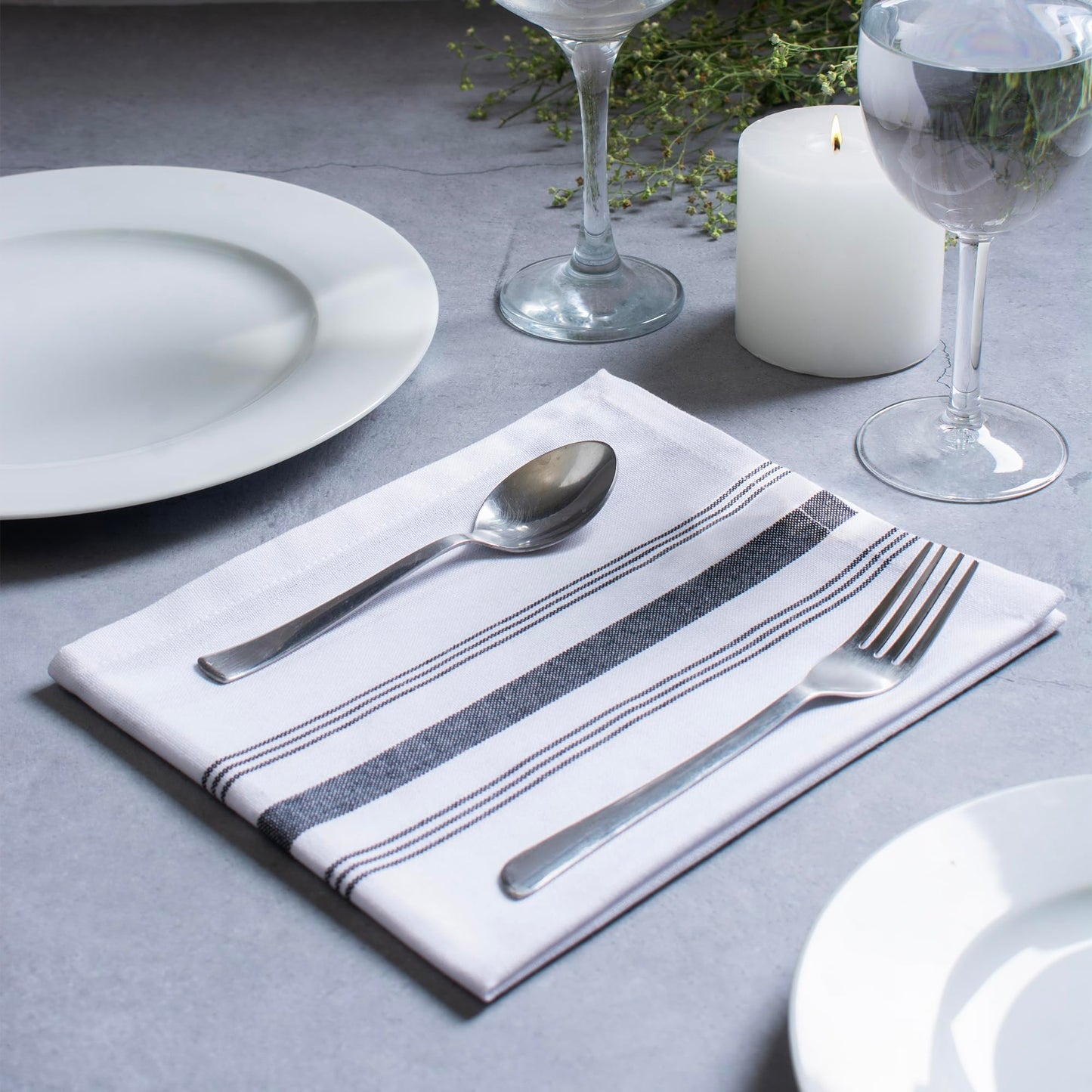Blue Needles Set of 12 French Stripe Dinner Table Napkins 100% Cotton Napkins, 18x18 Inch, Absorbent, Soft, Reusable & Washable Restaurant Hotel Quality Spring Summer & Everyday Use - Black