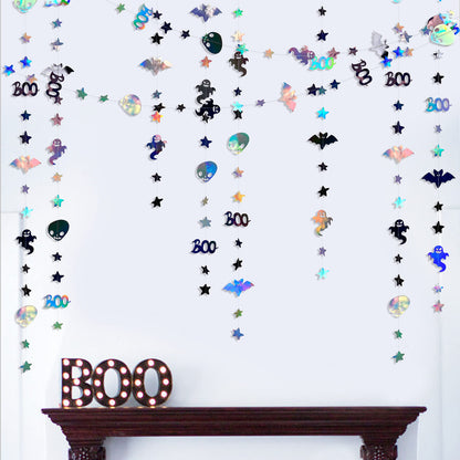 52 Feet Halloween Party Decorations Garlands Streamer BOO Sign Ghost Bat Skull Star Hanging Paper Banner Bunting in Iridescent Black Silver for Halloween All Hallows Eve Birthday Home Party Supplies