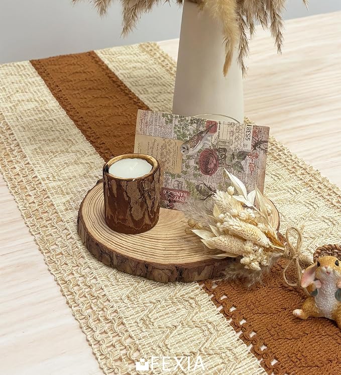FEXIA Table Runner 90 Inch Thanksgiving Decor with Tassels for Boho Macrame Farmhouse Style, Party Wedding Bridal Shower Decor, Brown (12x90 Inches)
