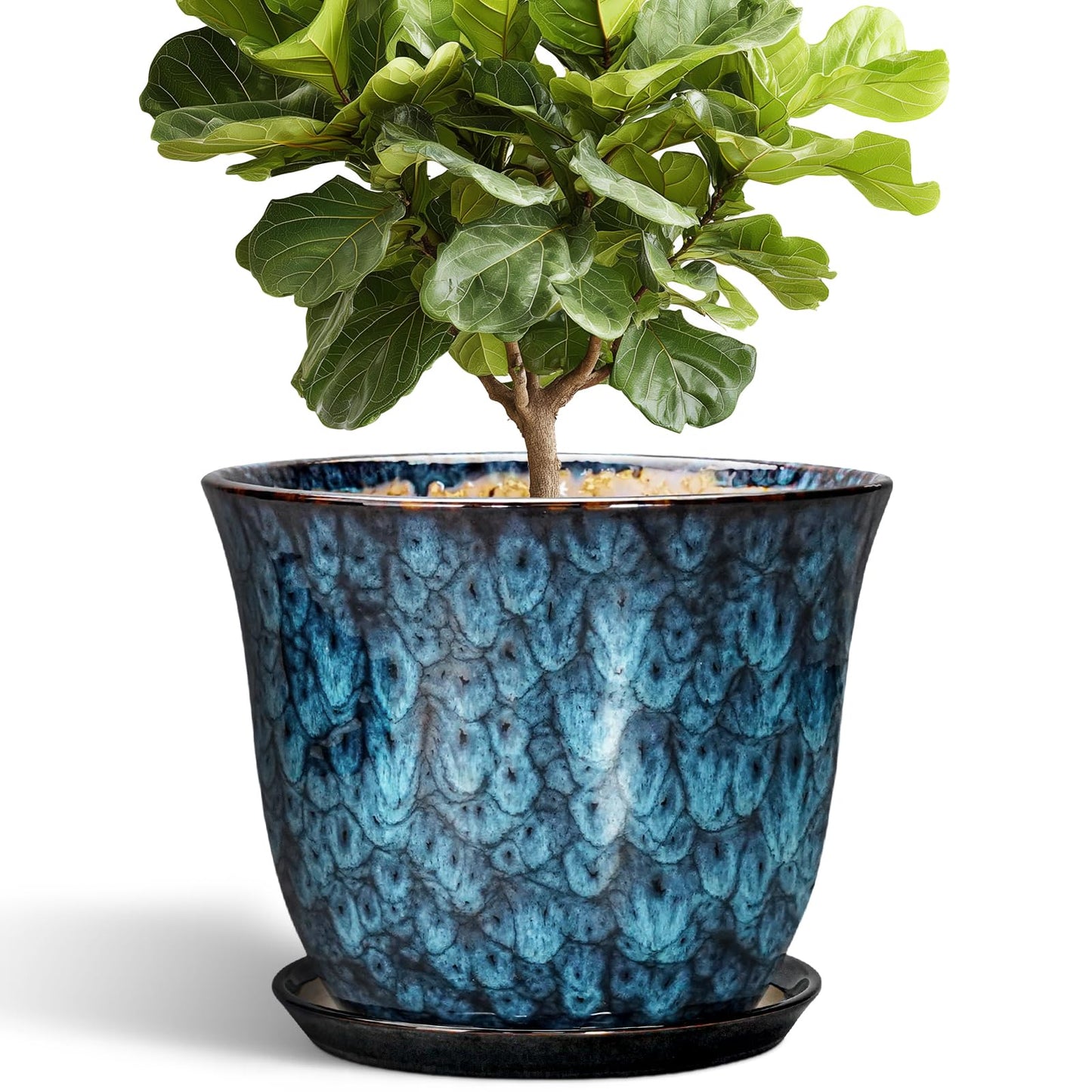 SUNPOTFOR Ceramic Plant Pots - 12 Inch Pots for Plants Indoor Outdoor, Large Round Planter with Drainage Hole and Saucer, Modern Decorative Flower Pot, Home Garden Decor, House Warming Gifts, Blue