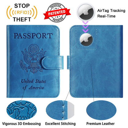 Airtag Passport Holder Cover Wallet RFID Blocking Leather Case Travel Essentials Luggage Accessories Travel Must Have(118#Blue)