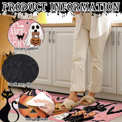 Tinideya 3 Pcs Halloween Ghost Kitchen Rugs and Mats Set Farmhouse Pumpkin Ghost Rugs Non Slip Halloween Kitchen Mat Cat Boo Floor Mats Halloween Decorations for Kitchen Bathroom Home Office (Pink)