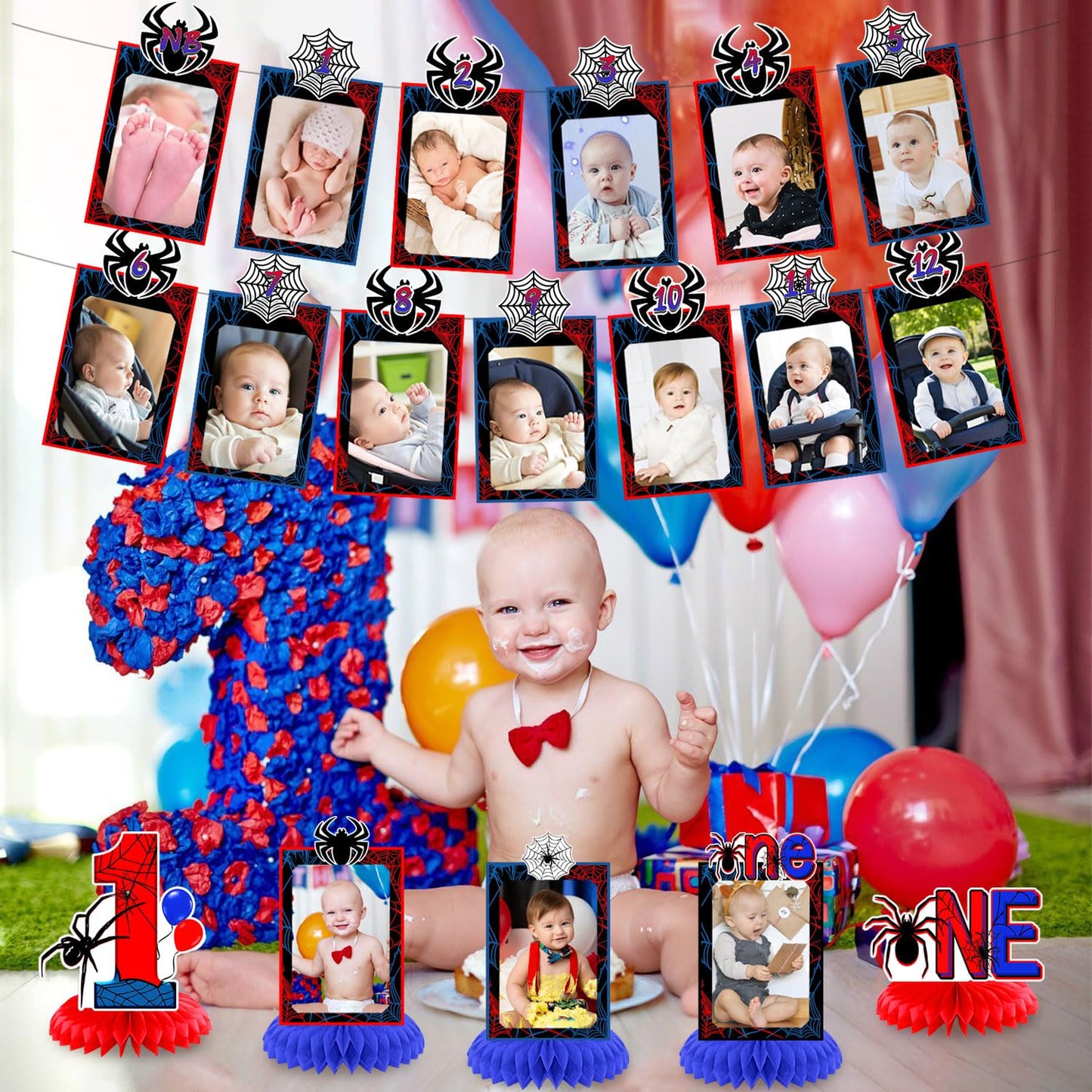 Spider 1st Birthday Party Decorations, Spider Web 12 Monthly Milestone Photo Banner Baby First Year Down Cartoon Spider Theme Photo Table Centerpiece for Boy Spider First Theme Party