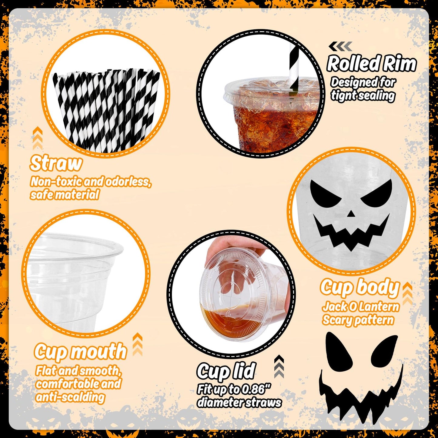 Whaline 60Pcs Halloween Disposable Plastic Cups with Lids and Straws 12oz Jack-O-Lantern Pumpkin Cold Beverage Drinking Cups Scary Printed Party Cup for Trick or Treat Party Supplies