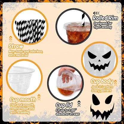 Whaline 60Pcs Halloween Disposable Plastic Cups with Lids and Straws 12oz Jack-O-Lantern Pumpkin Cold Beverage Drinking Cups Scary Printed Party Cup for Trick or Treat Party Supplies
