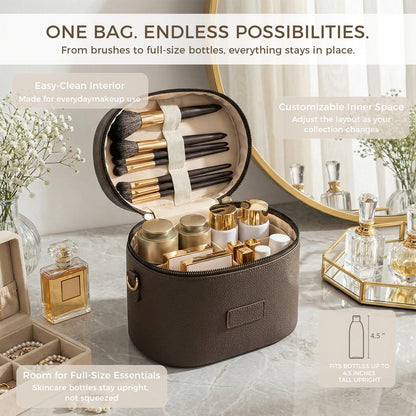 BAGOK Leather Vanity Case Makeup Bag with Removable Divider, Washable Compartments, Dual Zipper & Carry Handle – Travel Toiletry Organizer for Women