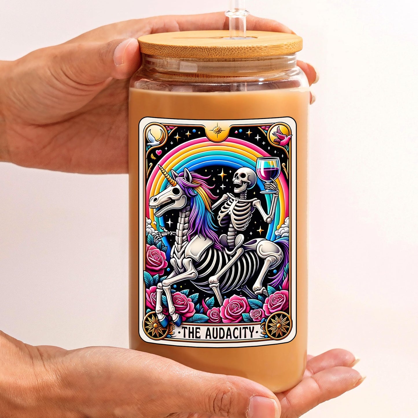 KERAOO 16oz The Audacity Coffee Cup with Lid Straw, Halloween Skull Aesthetic Glass Can, Sarcastic Skeleton Glass Cup, Gift Idea for Tarot Lovers Women Sister Friends (The Audacity)