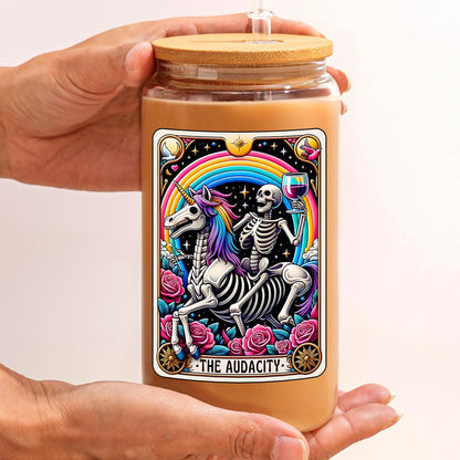 KERAOO 16oz The Audacity Coffee Cup with Lid Straw, Halloween Skull Aesthetic Glass Can, Sarcastic Skeleton Glass Cup, Gift Idea for Tarot Lovers Women Sister Friends (The Audacity)