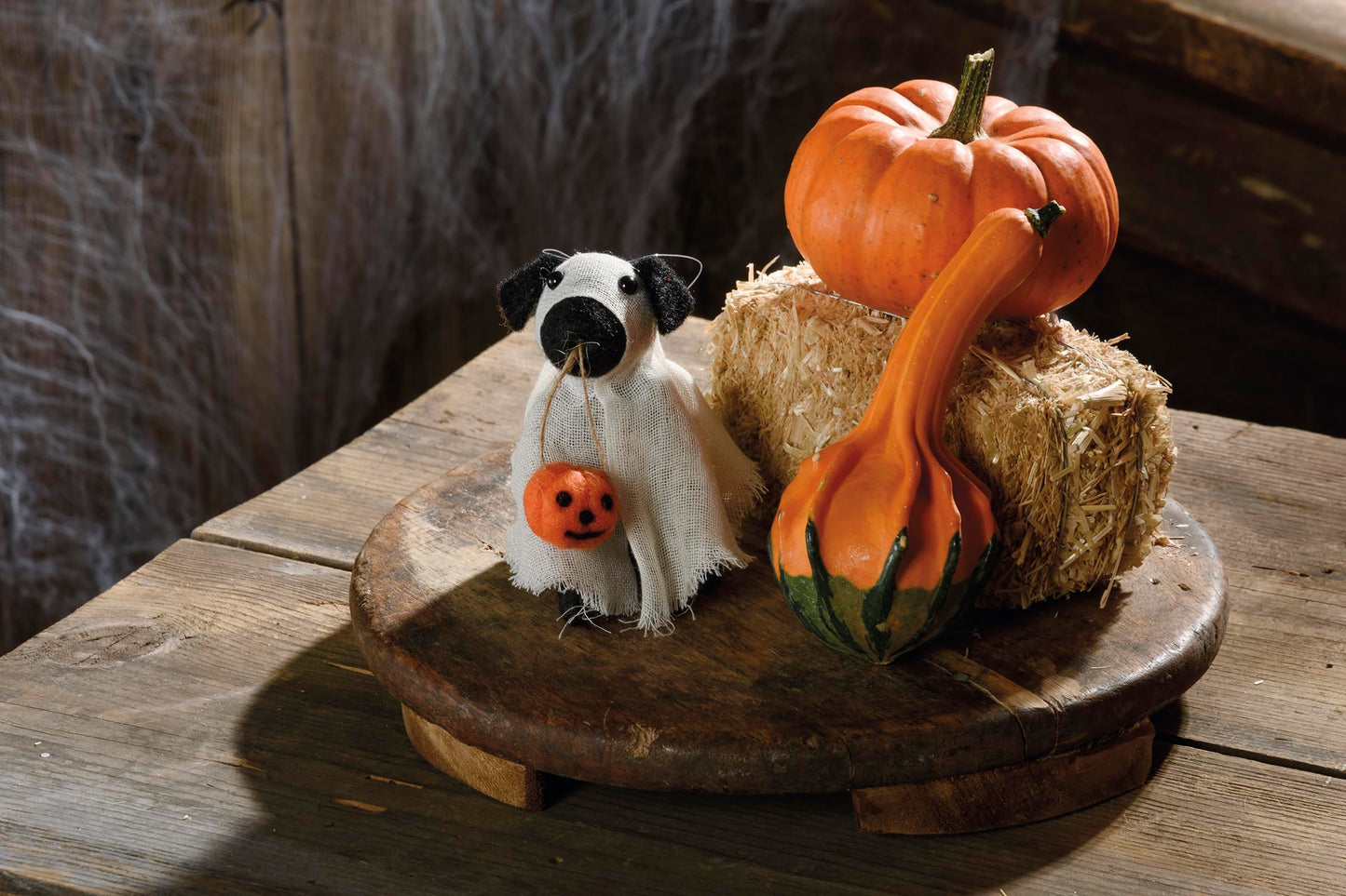 Primitives by Kathy Halloween Collectible Felt Critter, 4-inch, Ghost Dog Holding a Jack-o-Lantern - Spooky Tiered Tray & Shelf, tablescape Decor, Mix & Match with Our Other Collectible Figurines