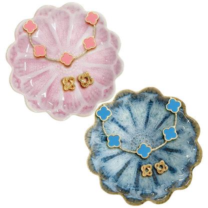 Koyzsen Lotus Ceramic Jewelry Tray, Small Trinket Jewelry Ring Holder Organizing Dish, for Parents Daughter Friends Sister, Birthday Gifts for Women, Retro Blue & Pink
