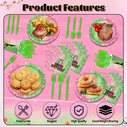 179Pcs Pink and Green Witch Party Decorations Tableware,Witch Table Centerpieces Movie Themed Birthday Party Supplies Include Banner Paper Pom Poms Plates Knives Forks Cups Set for Severs