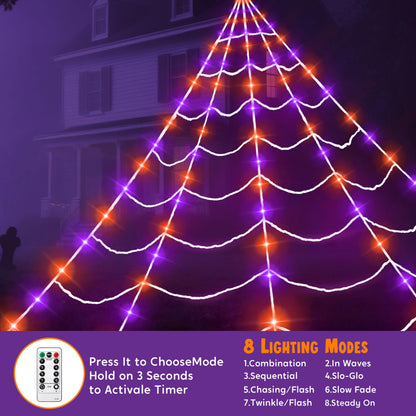 JOYIN Light-up Halloween Spider Web Decoration Outdoor, 19.7 x 14.7 FT Giant Triangular Web with LED Lights, Timer Cobweb Decor with 8 Lighting Modes for Indoor Yard Porch Haunted House Prop