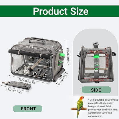 Sanmoncare Airline Approved Bird Carrier, Indestructible Stainless Steel Mesh Parrot Travel Cage, Cockatiels Travel Carrier Lightweight and Portable with Water Bottle and Bowl