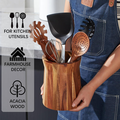 LOHONER Wooden Utensil Holder for Countertop, 360° Rotating Kitchen Utensil Holder, 7.2"x 6" Large Acacia Wood Crock, Farmhouse Kitchen Decor